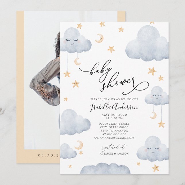 Blåfärgad babystövel av typen Twinkle Little Star  Inbjudningar (Fram/baksida)