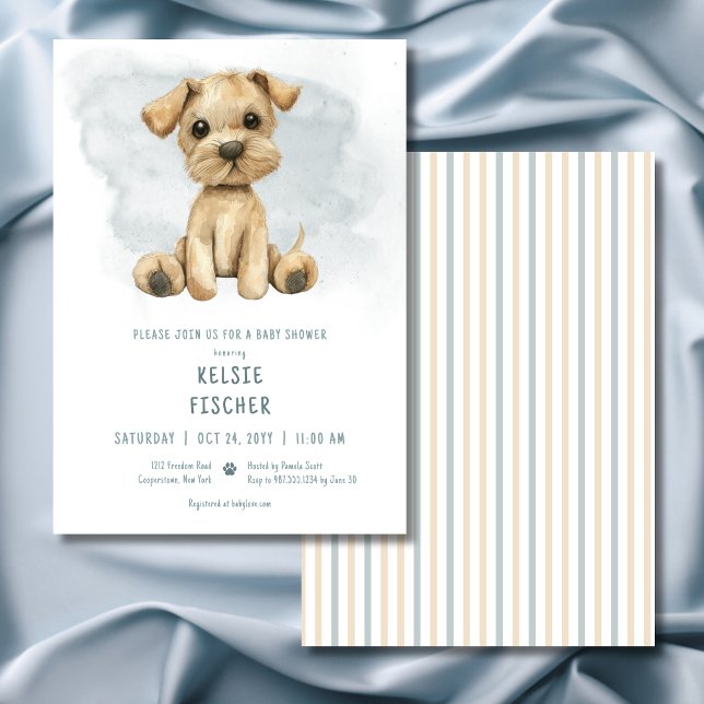 Blåfärgad babystövel för Cute Puppy Blue Watercolo Inbjudningar (Cute Puppy Blue Watercolor Baby Shower Invitation)