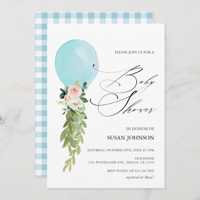 Blåfärgad ballonkalligrafiskript, babyskor inbjudningar (Fram/baksida)