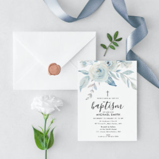 blåfärgad blommigt, baptism inbjudningar