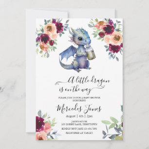 Blåfärgad Blommigt Blå Lila Dragon Baby Shower Inbjudningar