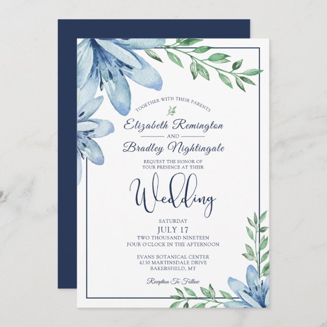Blåfärgad Blommigt Blooms & Greenery Bröllop Inbjudningar (Fram/baksida)