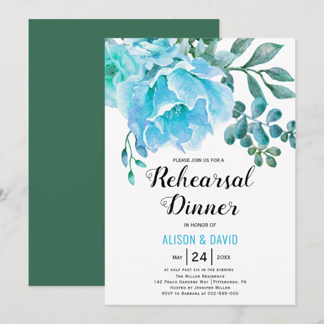 Blåfärgad blommigt bröllop-repetitionsmiddag inbjudningar (Fram/baksida)
