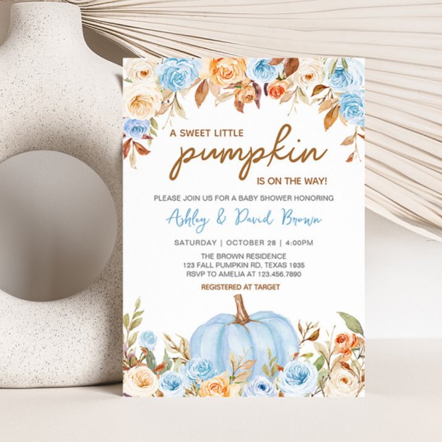 Blåfärgad Blommigt - fallskärm för babykläder Inbjudningar (Blue Floral Pumpkin Baby Shower Invitation)