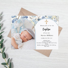 Blåfärgad blommigt fotoarch-pojke kor Baptism Inbjudningar
