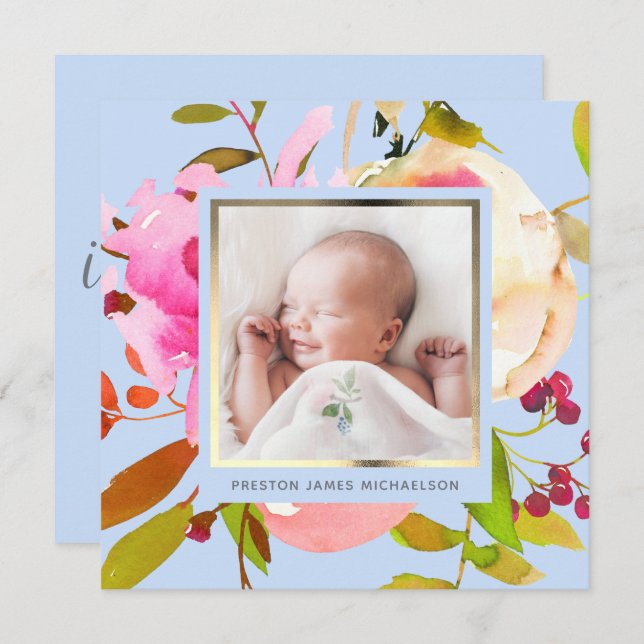 Blåfärgad Blommigt Fotofödelsemeddelande Inbjudningar (Fram/baksida)