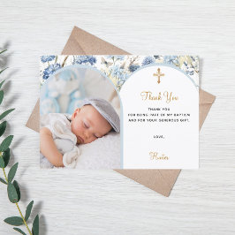 Blåfärgad blommigt fotostöt Baptism Tack Inbjudningar