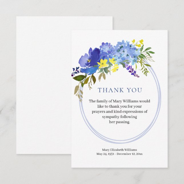 Blåfärgad Blommigt Funcal Tack You Card (Fram/baksida)