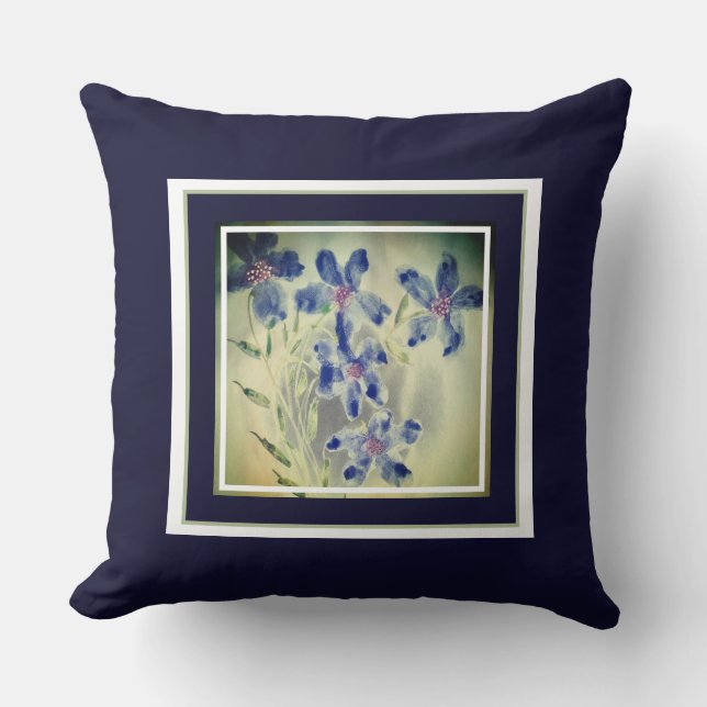 Blåfärgad Blommigt i vattenfärg, centrerad Kudde (Framsida)