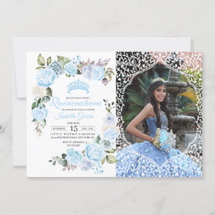 Blåfärgad Blommigt Quinceanera Birthday Photo Inva Inbjudningar