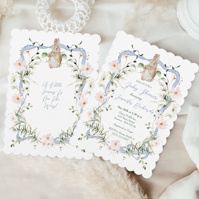 Blåfärgad Blommigt Ribbon Baby Bunny Baby Shower Inbjudningar (Skapare uppladdad)