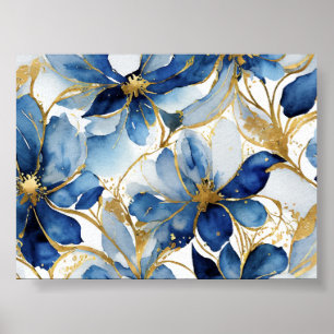 Blåfärgad Blommigt Skriv ut med Guld-dekortecken Poster