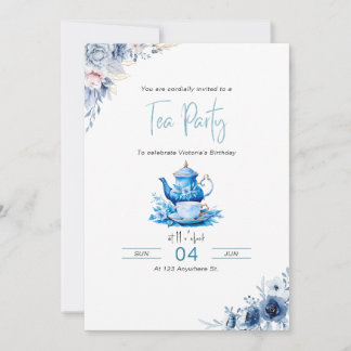 Blåfärgad Blommigt Tea Party-födelsedagsinbjudan Inbjudningar
