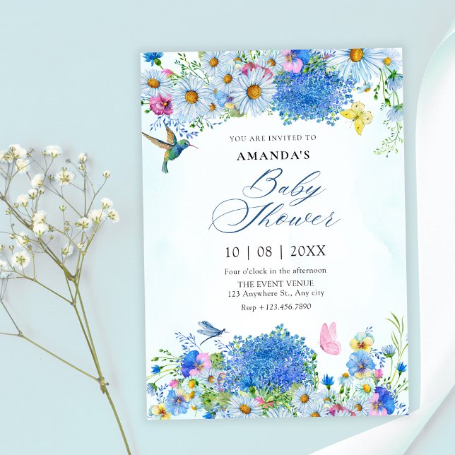 Blåfärgad blommigt, trädgårdsbabydusch inbjudningar (Skapare uppladdad)