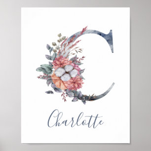 Blåfärgad Blommigt vattenfärg Monogram C Efternamn Poster