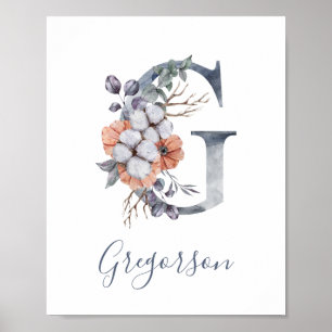 Blåfärgad Blommigt vattenfärg Monogram G Efternamn Poster