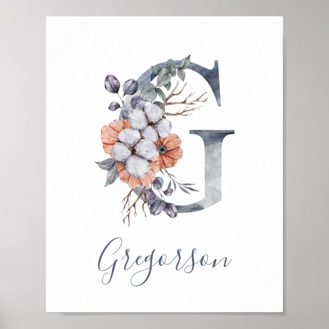 Blåfärgad Blommigt vattenfärg Monogram G Efternamn Poster (Framsidan)