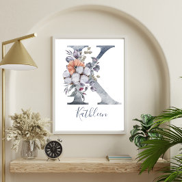 Blåfärgad Blommigt vattenfärg Monogram K Namn Poster