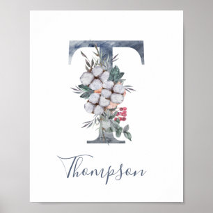 Blåfärgad Blommigt vattenfärg Monogram T Efternamn Poster