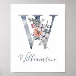 Blåfärgad Blommigt vattenfärg Monogram W Efternamn Poster