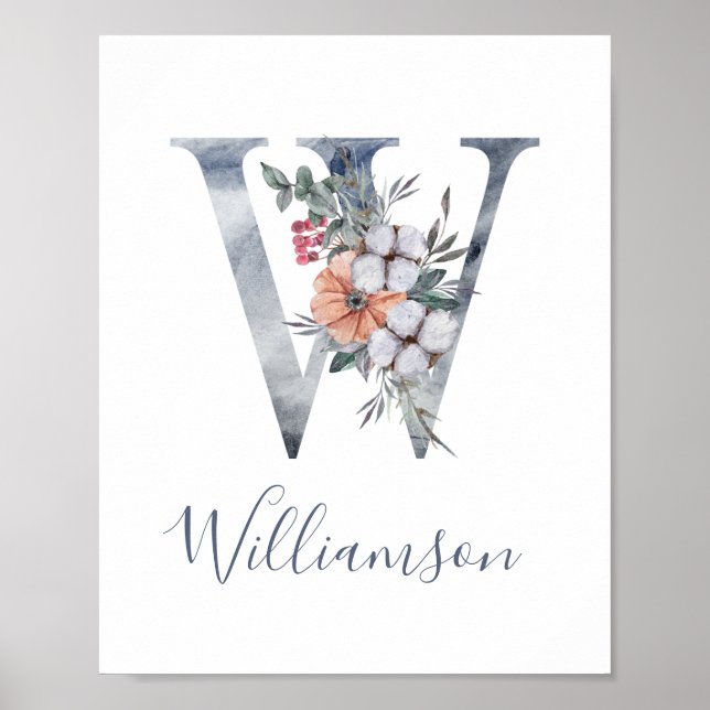 Blåfärgad Blommigt vattenfärg Monogram W Efternamn Poster (Framsidan)