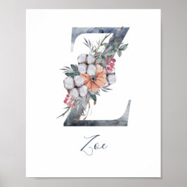 Blåfärgad Blommigt vattenfärg Monogram Z Efternamn Poster