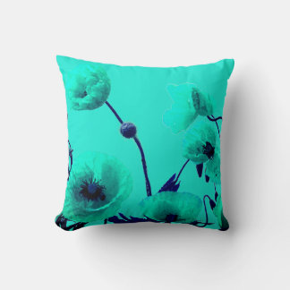Blåfärgad Blommigt Vattenfärgturkos Poppy Flowers Kudde