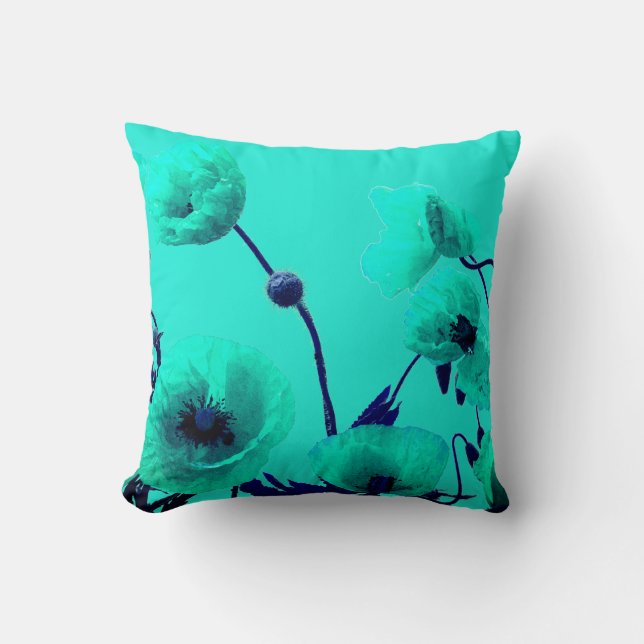 Blåfärgad Blommigt Vattenfärgturkos Poppy Flowers  Kudde (Framsida)