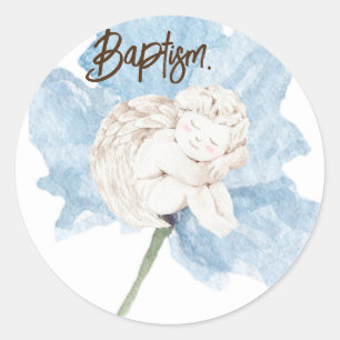 Blåfärgad Blommigt Vit Child Angel Baptism Runt Klistermärke