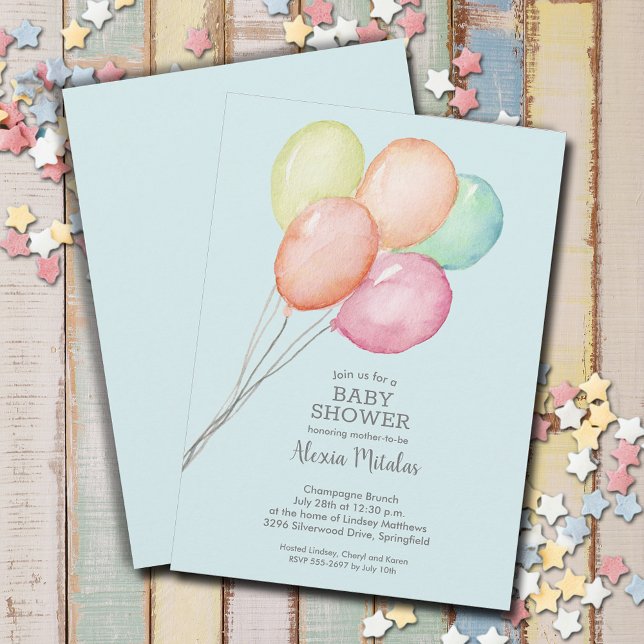 Blåfärgad bubblor för blått babyskor inbjudningar (Watercolor balloons boy baby shower invitations, PRINTED and/or INSTANT DOWNLOAD)