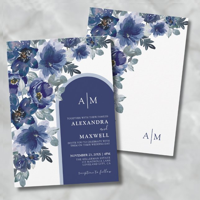 Blåfärgad Elegant Modern Watercolor Blommigt Bröll Inbjudningar (Blue Elegant Modern Watercolor Floral Wedding Invitation)
