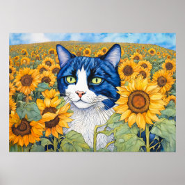 Blåfärgad, färglös katt i solblommor poster