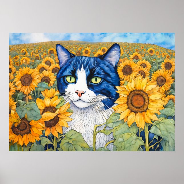 Blåfärgad, färglös katt i solblommor poster (Framsidan)