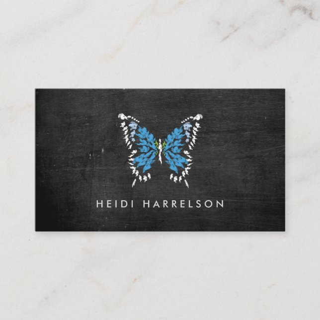 Blåfärgad fjäril-Logotyp på svart trä Visitkort (Framsida)