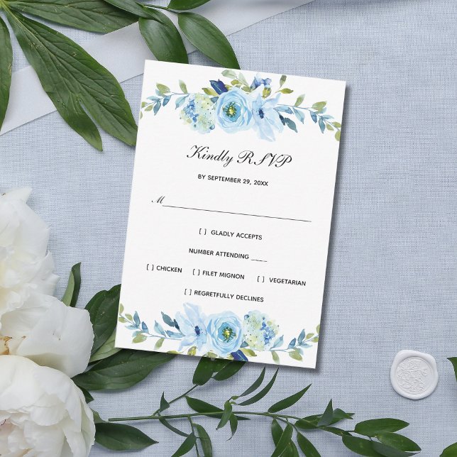 Blåfärgad Grönt Blommigt Elegant bröllop OSA Kort (Blue green Floral Watercolor Wedding RSVP card)
