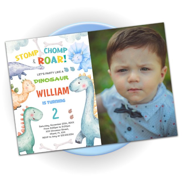 Blåfärgad Grönt Dinosauaur Birthday-inbjudan med f Inbjudningar (Blue Green Dinosaur Birthday Invitations w photo)