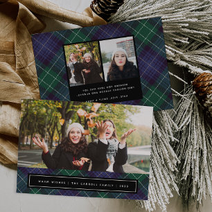 Blåfärgad Grönt Tartan Play Dubbla Sided Photo Julkort