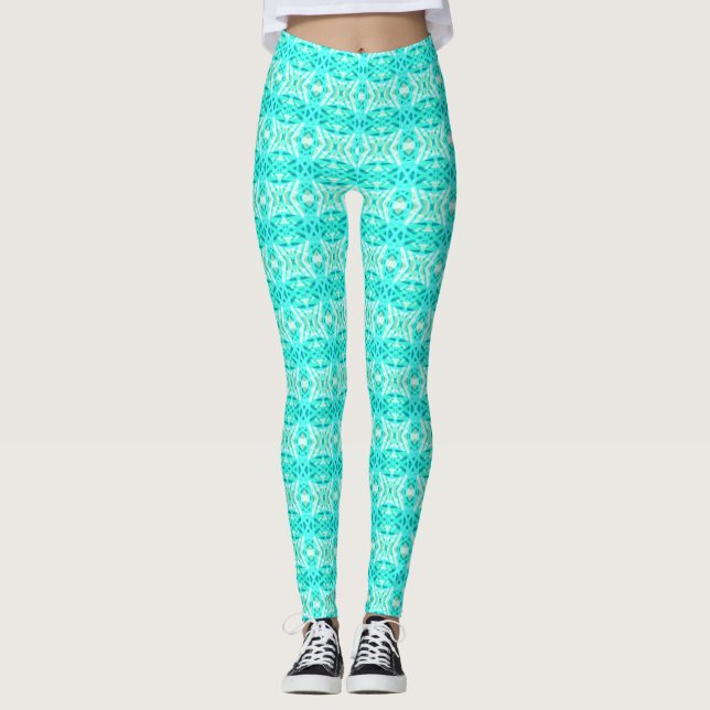 Blåfärgad Grönt Turkos White Geometric Tile Mönste Leggings (Framsida)
