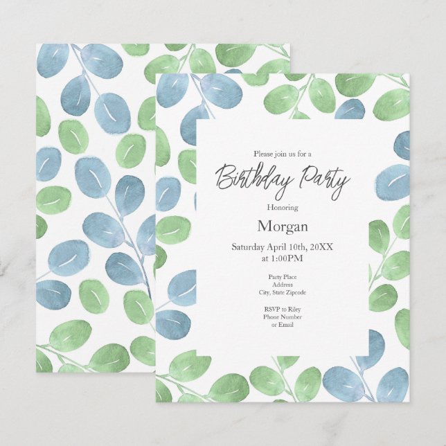 Blåfärgad Grönt vattenfärg Rund Löv Mönster Inbjudningar (Fram/baksida)