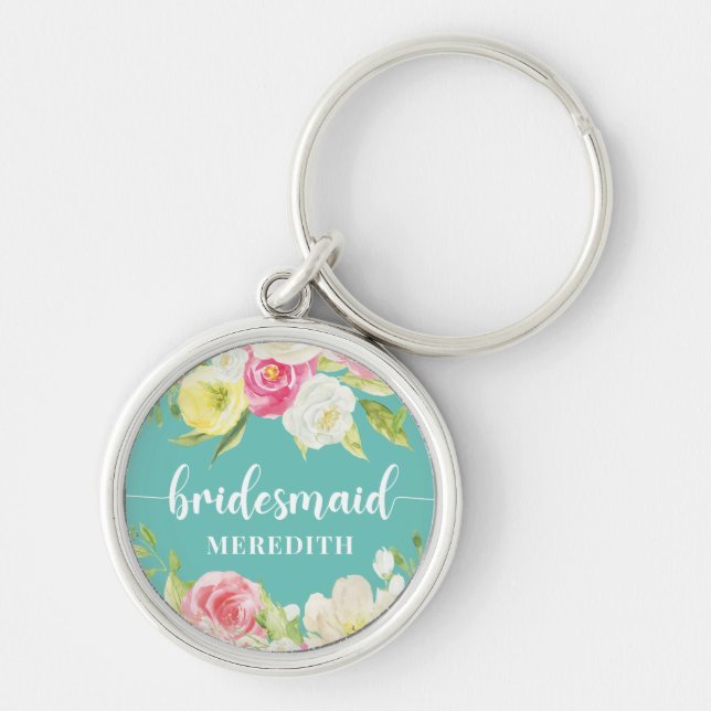 Blåfärgad Grönt VattenfärgsBlommigt Bridesmaid Nam Rund Silverfärgad Nyckelring (Framsidan)