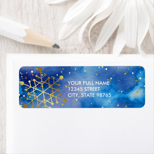 Blåfärgad Guld-Returadress för snöflingor Returadress Etikett (Insitu)