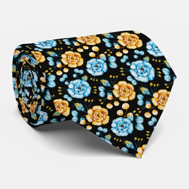 Blåfärgad Gult Blått Ro Botaniskt Slips (Rullad)