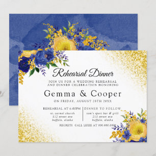 Blåfärgad Gult Målningsmiddag för Blommigt Guld Re Inbjudningar