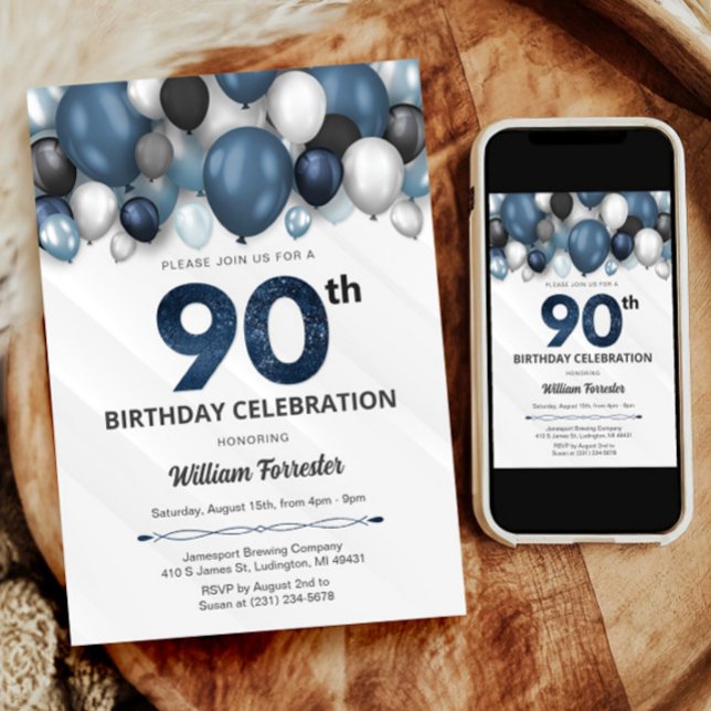 Blåfärgad inbjudan till 90:e födelsedag i Silver B (Blue Silver Black & White 90th Birthday Invitation)