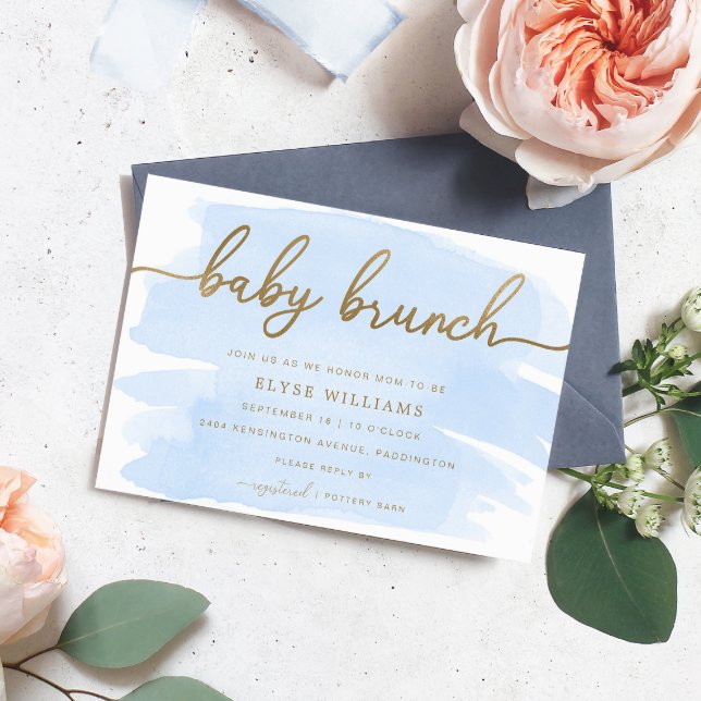 Blåfärgad inbjudan till Brunch i Guld Baby (Boy Baby Shower Invitation Blue Watercolour Gold. Baby Brunch Invitation)