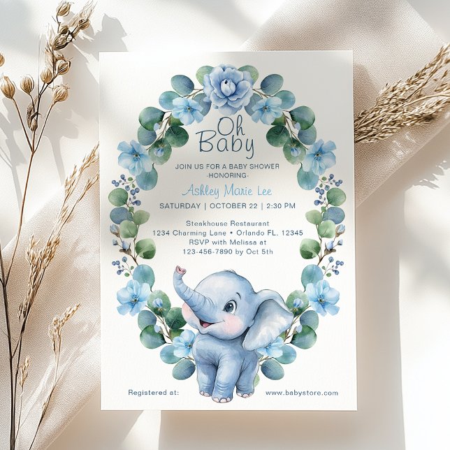 Blåfärgad inbjudan till elefant-babykläder - (Cute Elephant Baby Shower Invite)