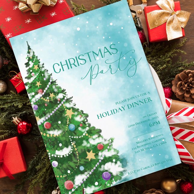 Blåfärgad inbjudan till julfest i Träd (Blue Watercolor Tree Christmas Party Invitation)