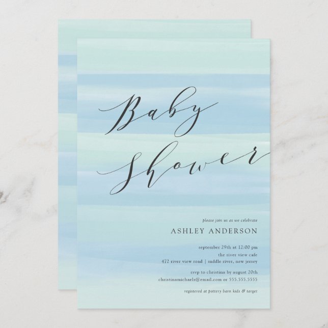 Blåfärgad inbjudan till Rand Baby Shower (Fram/baksida)