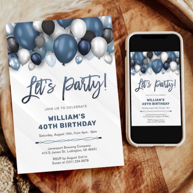 Blåfärgad inbjudan till Silver Black & White Birth (Blue Silver Black & White Birthday Invitation)