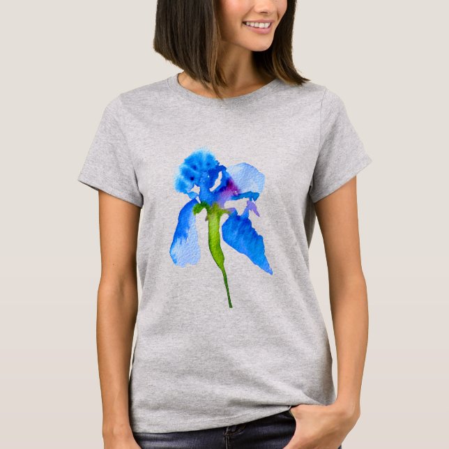 Blåfärgad iris-blommigt t shirt (Framsida)